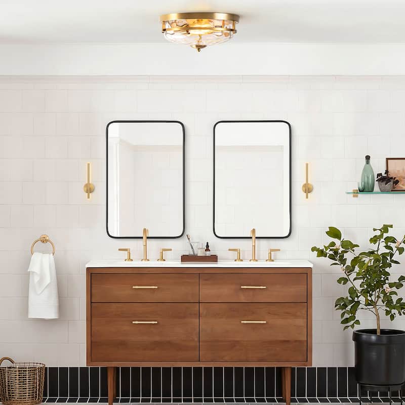 2-Light Industrial Farmhouse Ceiling Light Dome Clear Water Rippled Glass Flush Mount Light - 12.9 in. W x 5.5 in. H