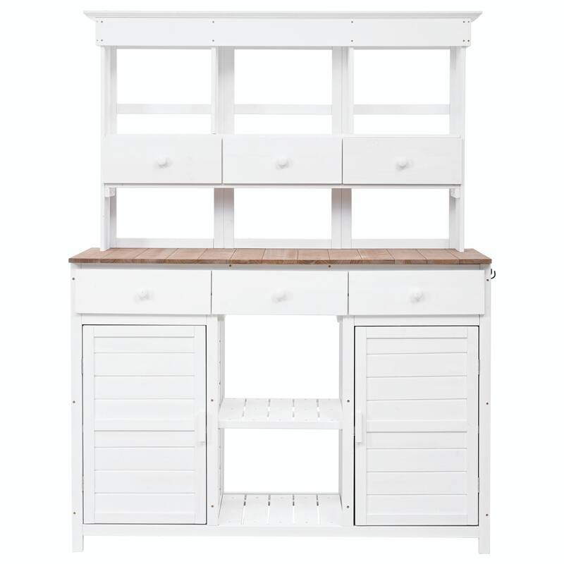 65.7'' Tall Garden Potting Bench - Patio Workstation with Hutch, 3 Shelves, 6 Drawers, 2 Cabinets & Side Hooks