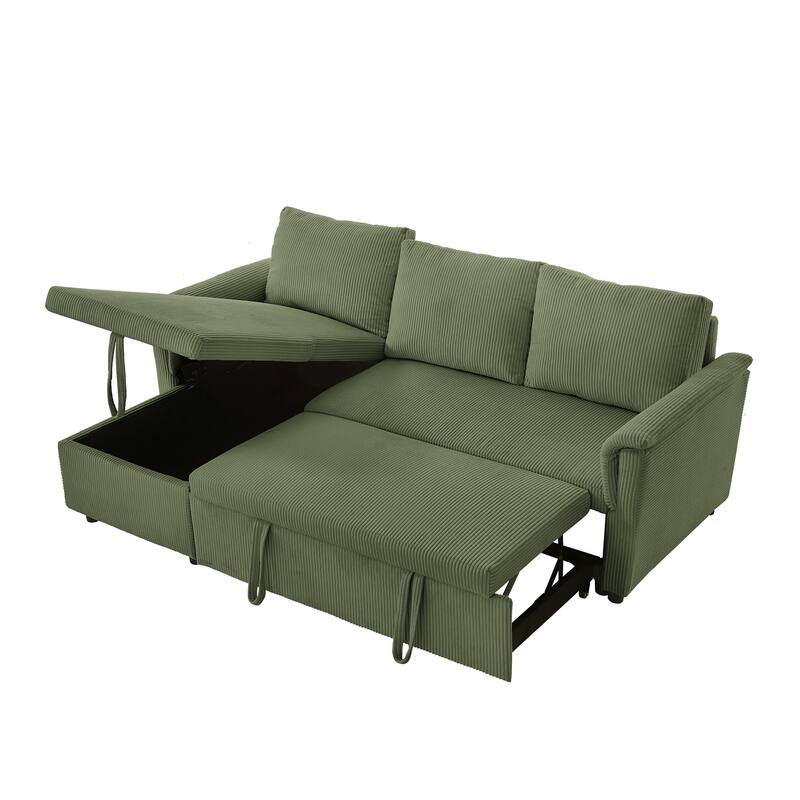 Convertible Corduroy Modular Loveseat Pull-Out Sleeper with Storage Chaise and Reclining Backrest for Living Room