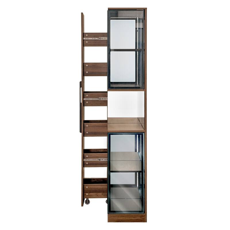 70" Display Cabinet With Glass Doors And Lights,Pull-Out Multi-Tier Storage Shelf,Wooden Display Storage Cabinets