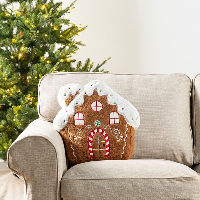 Glitzhome Set of 2 Christmas Gingerbread Man and House Shaped Throw Pillows
