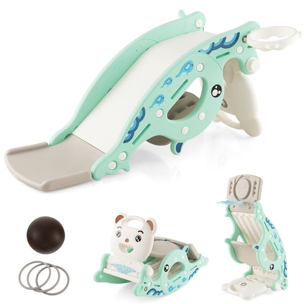 slide 2 of 11, 4-in-1 Kids Slide Rocking Horse with Basketball and Ring Toss - 36.5"L x 25.5"W x 18.5"H Green