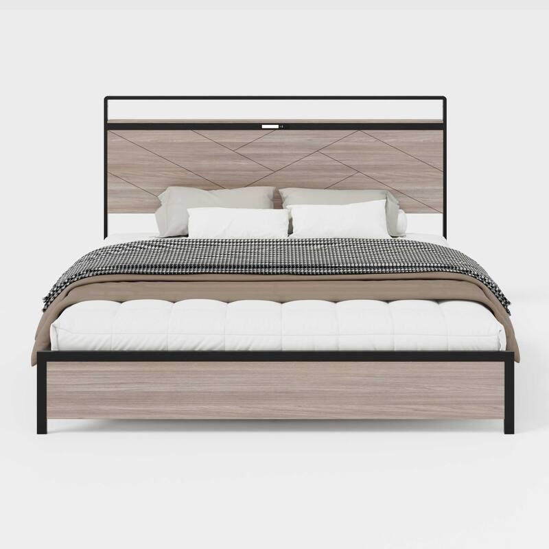 Bed Frame King Size, Wooden Platform Bed Frame With Storage Led Light Headboard And 2 USB,Large Underbed Storage