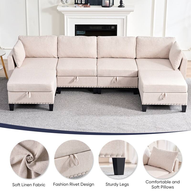 Mixoy Rivet Design Flexible Combination Reversible 4-Seater Modular Sofa with Storage Ottomans,Linen Convertible Sleeper Sofa