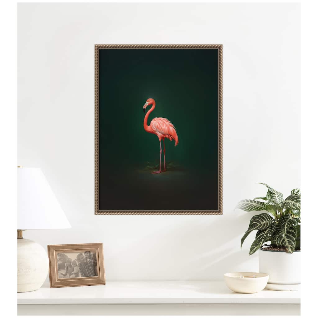 Kate and Laurel Flamingo Side View Rich Green Backdrop by The Creative Bunch Studio Framed Canvas Wall Art Print