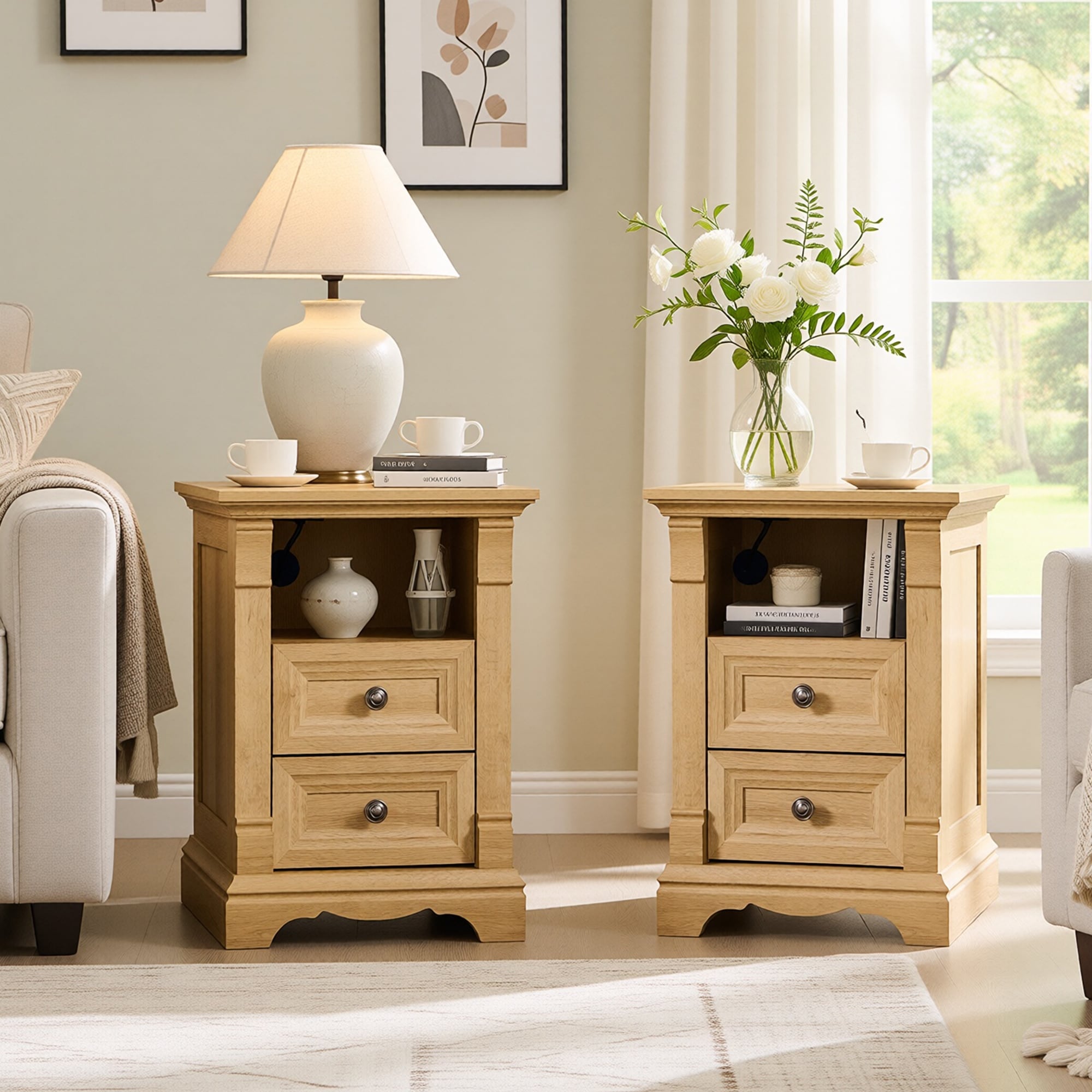 Farmhouse Nightstand Set of 2 with Charging Station, End Table