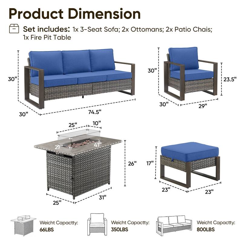 Pocassy Outdoor Wicker Sofa Patio Chair with Fire Table Set