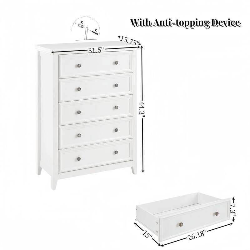 Modern 5 Drawers Dresser with Metal Handles and Metal Slide Rails