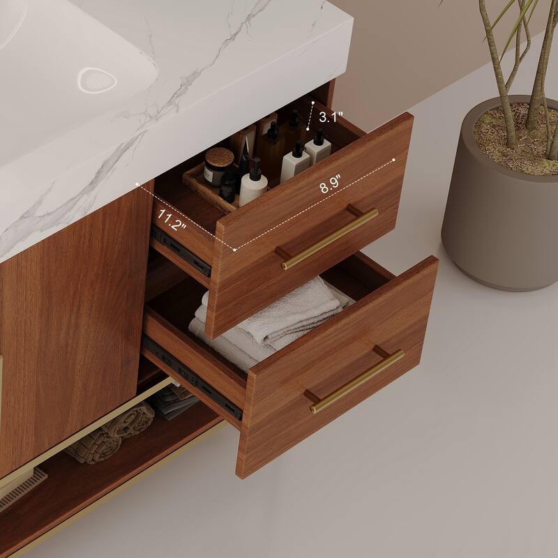 36" Modern Bathroom Vanity with Seamless Ceramic Sink & Gold Accent Free Standing Cabinet