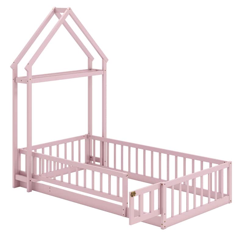 Montessori Twin Size Floor Bed Frame with Guardrails and House Shaped Headboard for Kids Bedroom
