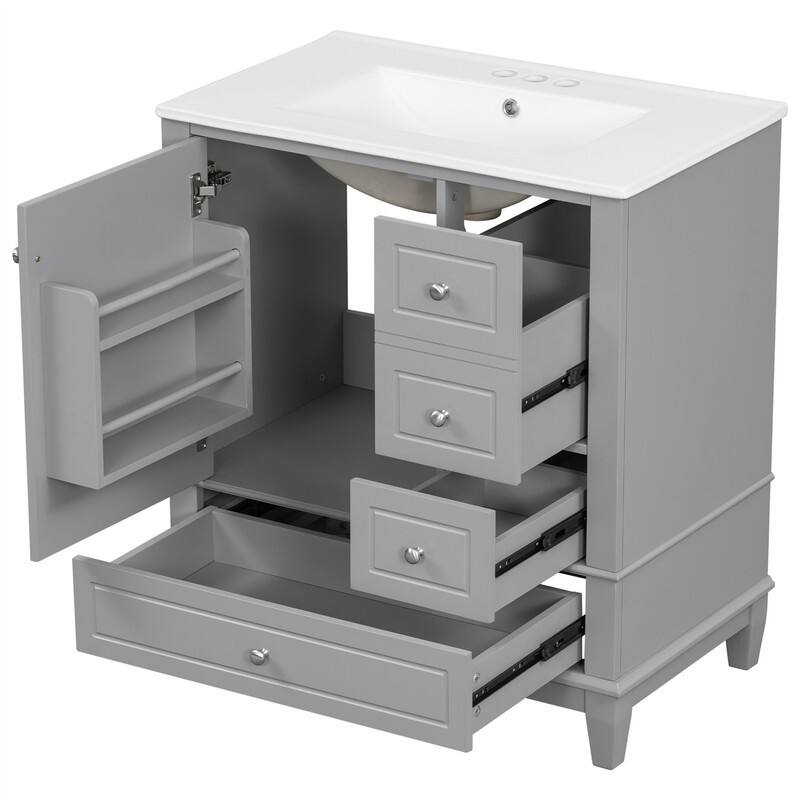 30" Bathroom Vanity with Ceramic Sink, Freestanding Bathroom Vanity Cabinet w/ 3 Storage Drawers, 1 Soft Close Door & Door Shelf