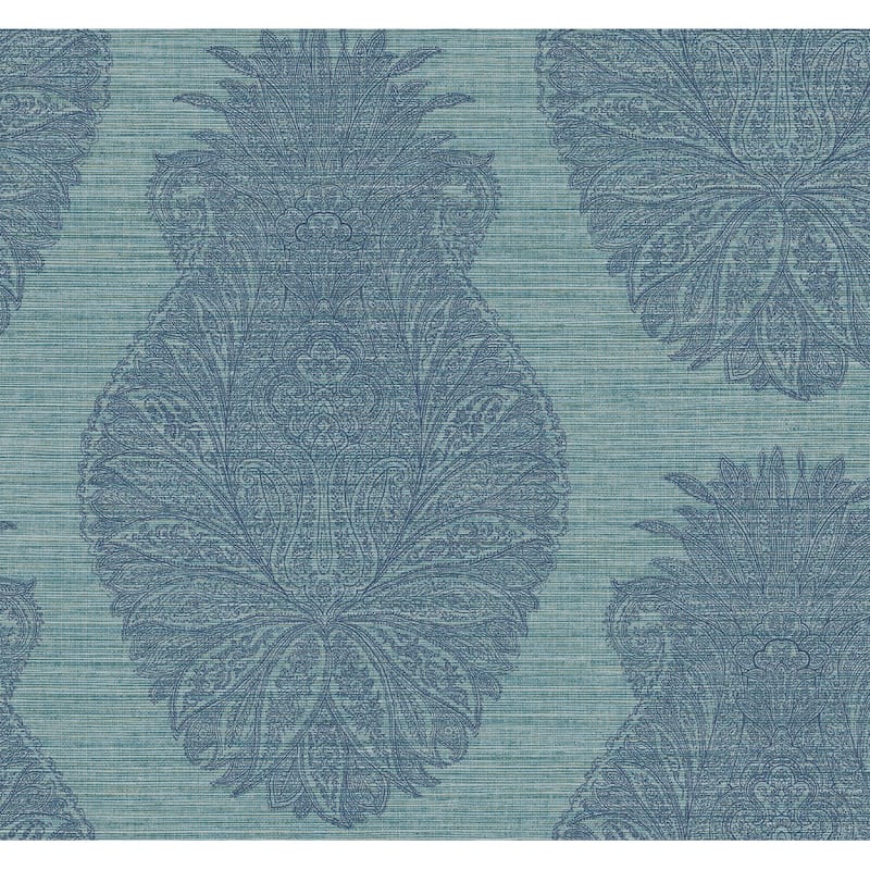 Seabrook Designs Lindon Peachtree Damask Unpasted Wallpaper - 27 in. W x 27 ft. L - Teal & Denim