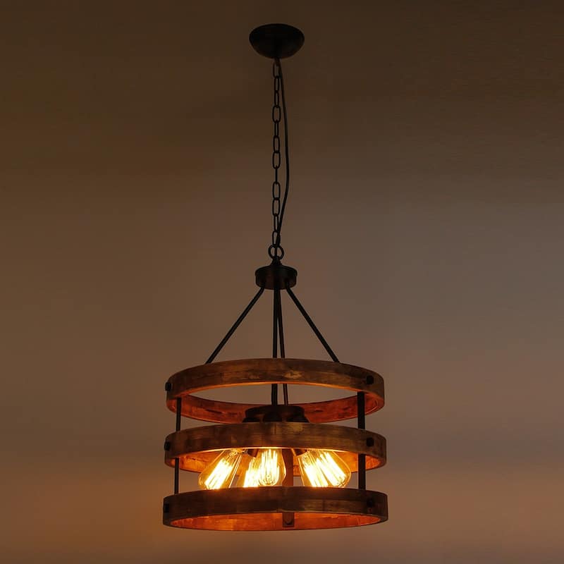 Modern Farmhouse 5-Light Drum Wood Chandeliers Cage Pendant Light for Dining Room - 18" D x 23" H