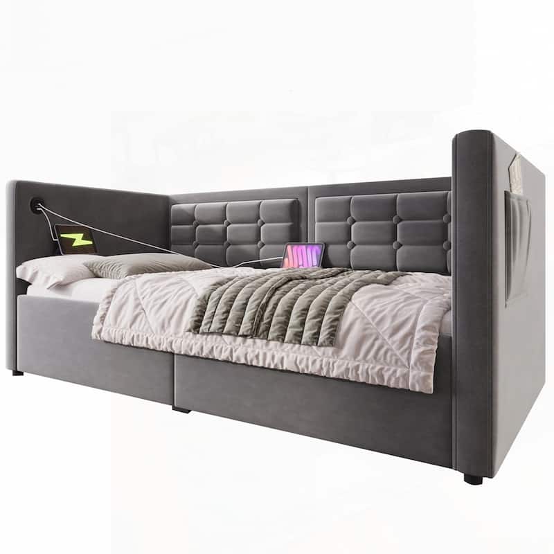 Hydraulic Storage Twin Bed Frame with Wooden Slats and Tufted Sofa Back