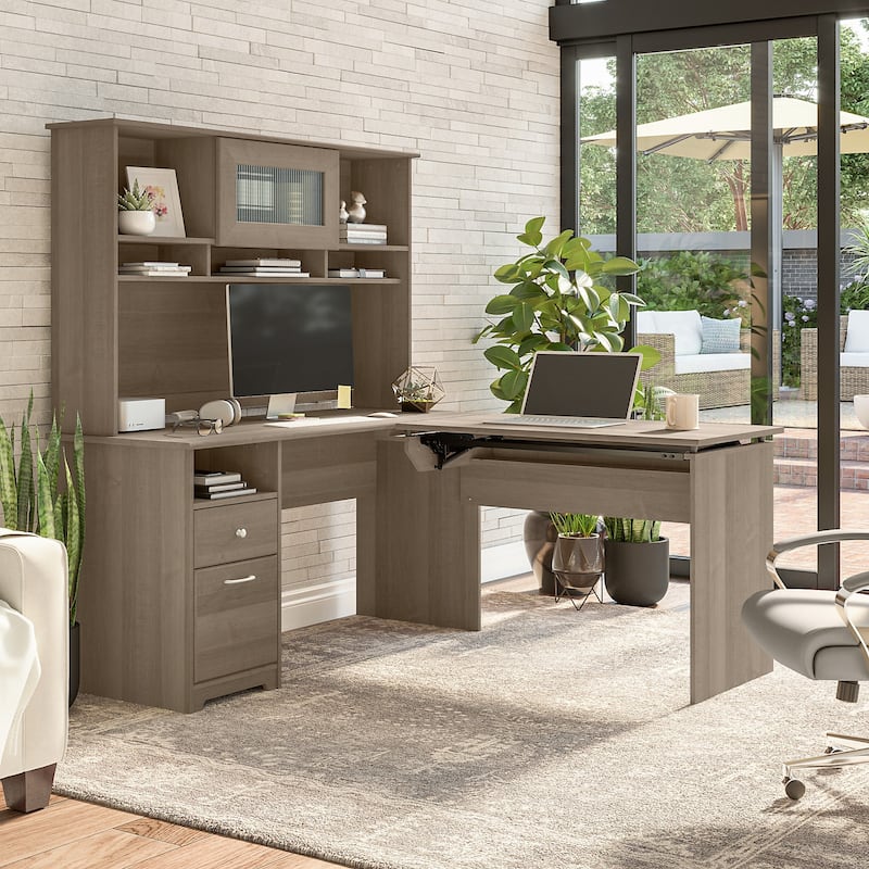 60W 3-position L-shaped Sit to Stand Desk with Hutch by Bush Furniture