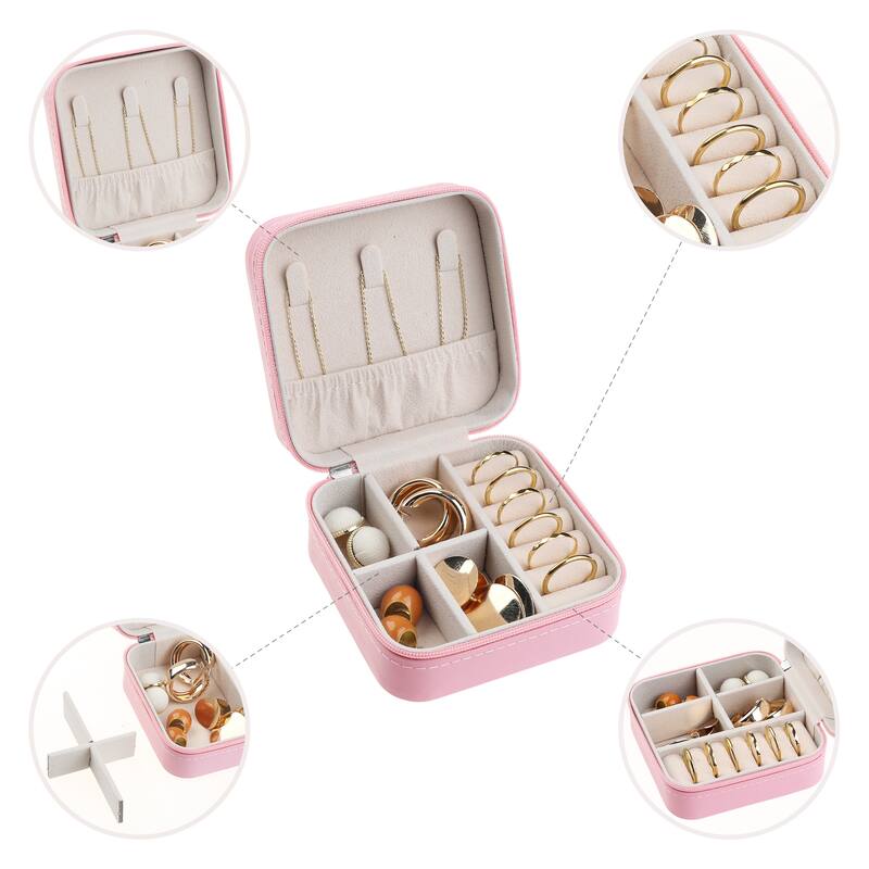 Travel Jewelry Box for Women Girls Birthday Gifts, Small Portable PU Leather Jewelry Organizer Case Storage Holder - 10x10x5cm