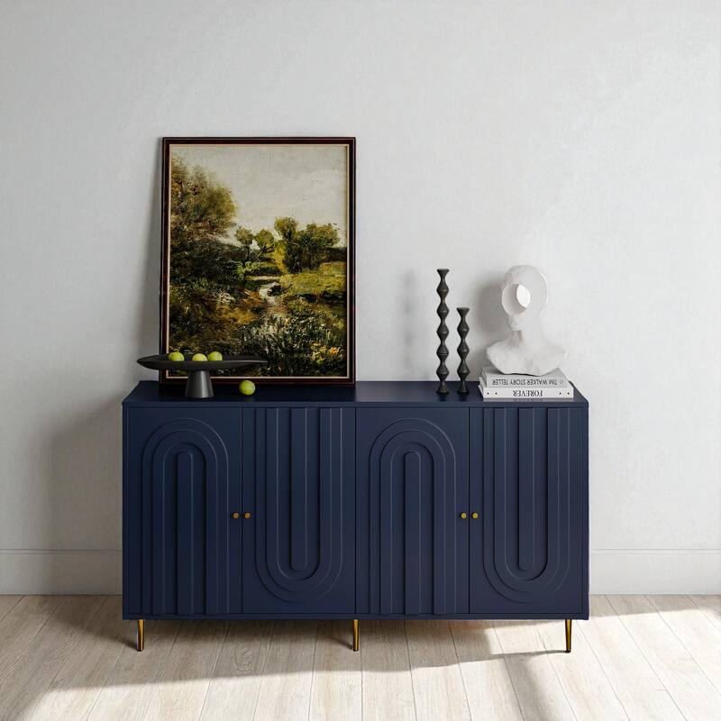 Modern Lacquered 4-Door Sideboard Buffet Cabinet with Adjustable Shelves and Gold Metal Legs, MDF Storage Cabinet.