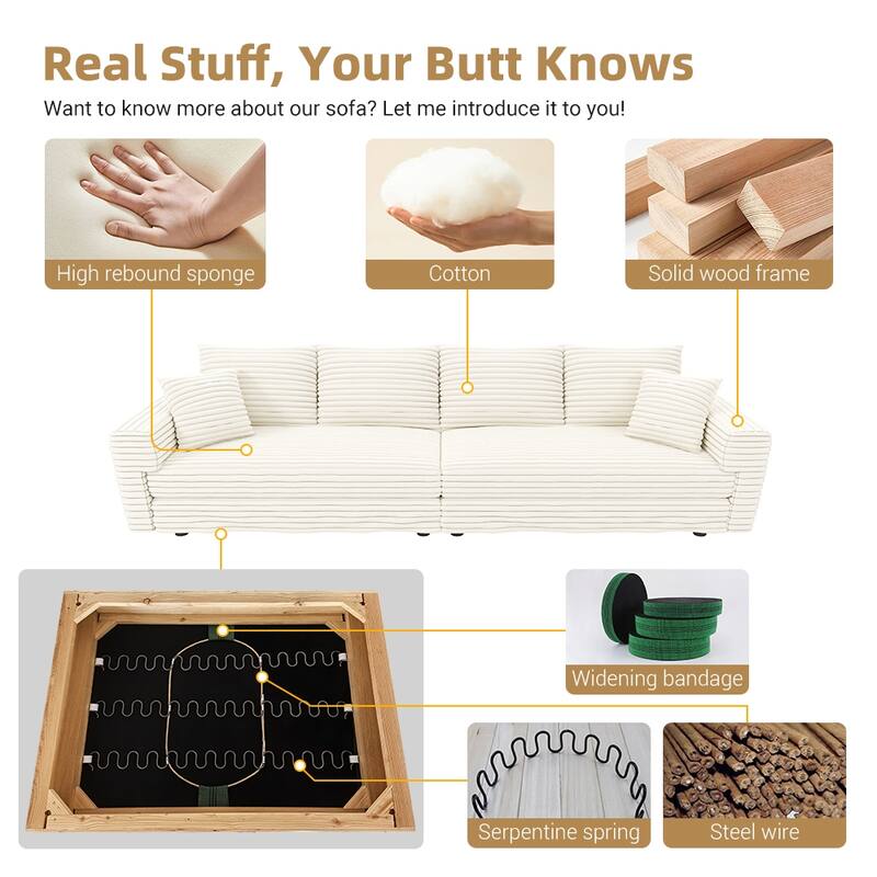 102.4 " Corduroy Modular Sofa, Modern Upholstered Sofa Cloud Couch, Deep Seat Couches w/ Pillows, Movable Ottoman for Apartment