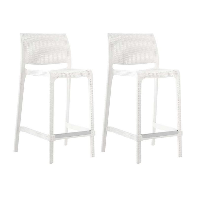 HomeRoots Set of Four 26" White Faux Rattan Heavy Duty Plastic Low Back Outdoor Counter Height Bar Chairs
