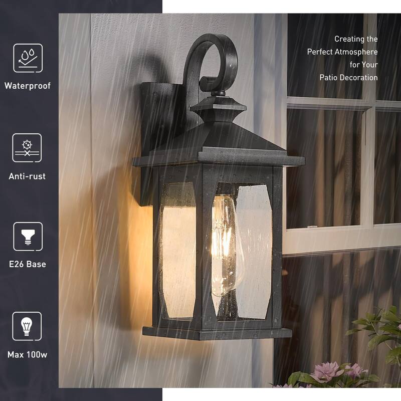 Black Outdoor Wall Lantern -Die-Cast Aluminum with Seeded Glass - Medium
