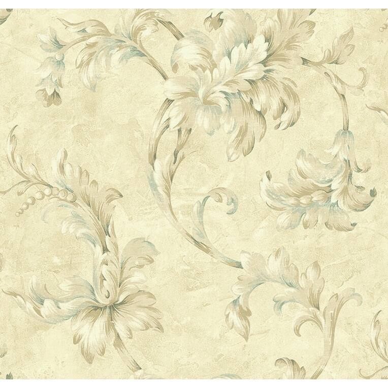 Seabrook Design Apollo Leaf Scroll Unpasted Wallpaper - 20.5 in W x 33 ft. L - Metallic Almond & Sky Blue