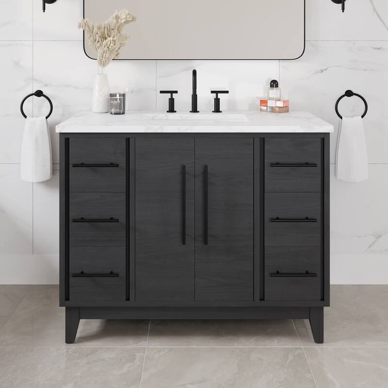 Graham 42"W Oak Bath Vanity with White Arabescato Engineered Stone Top - Wood Finish - Blackwood