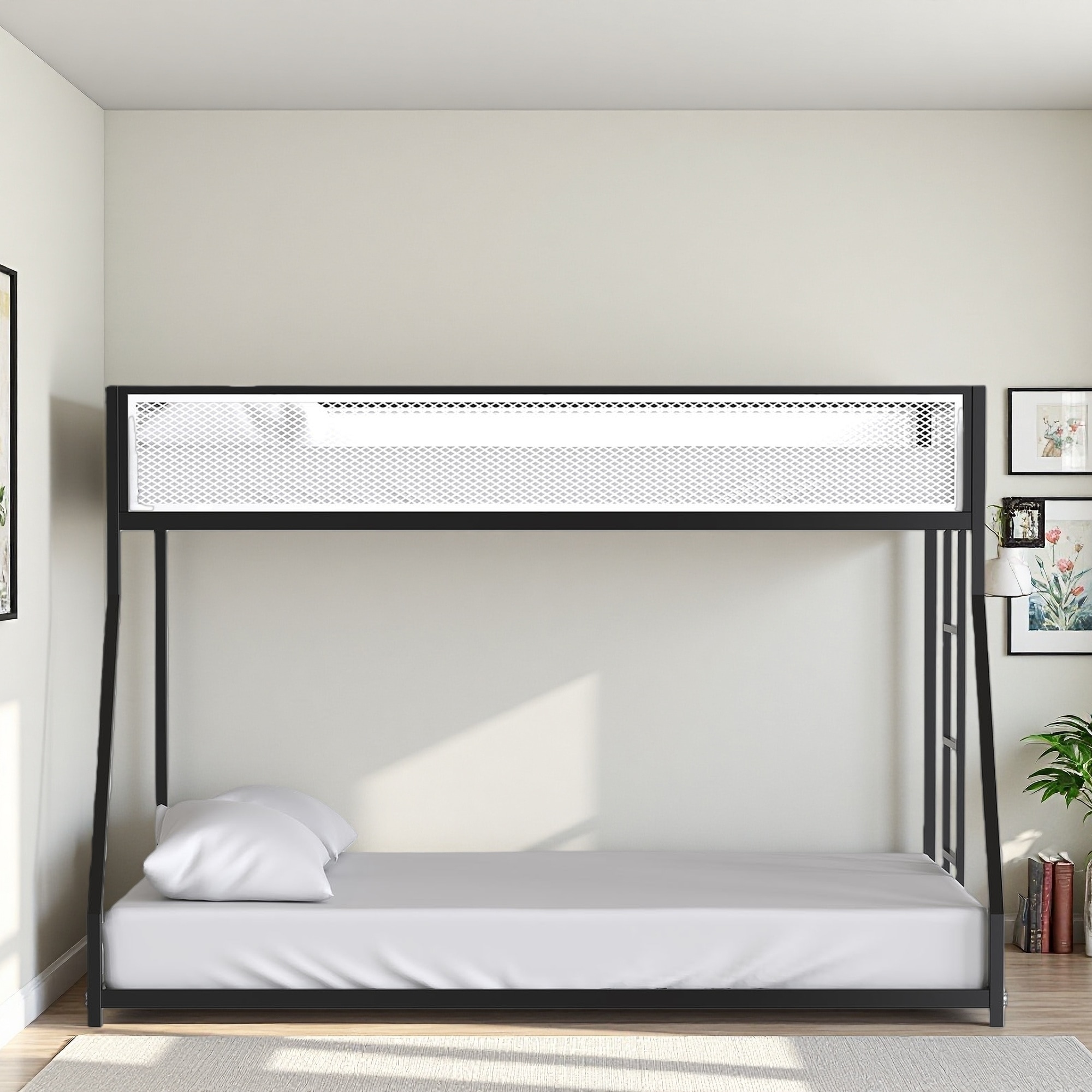 Twin-Over-Full Metal Bunk Bed with Mesh Safety Rails, Attached Ladder, Low Bunk, Mattress Ready, Full Metal Construction