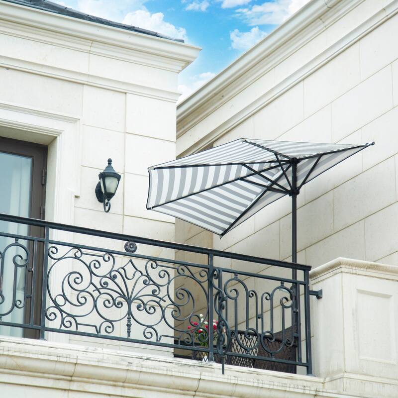 9 ft Half Market Umbrella With Heavy Duty Concrete Base Stand - Grey Stripe