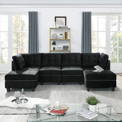 U-Shape Modular Sectional Velvet Upholstered Sofa DIY Combination Includes Two Single Chair Two Corner and Two Ottoman