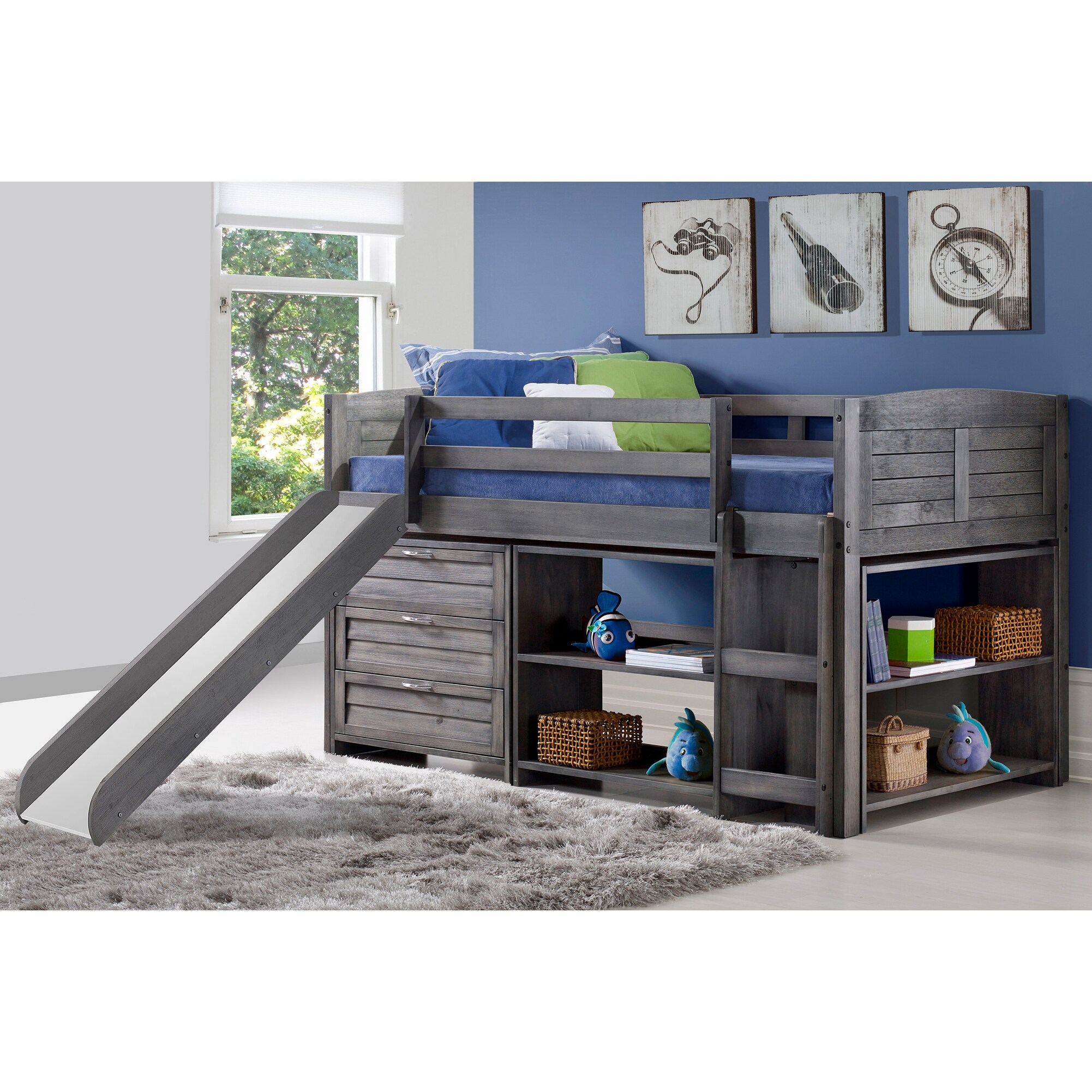 Shop Twin Louver Low Loft With Slide 3 Drawer Chest 2 Drawer Chest And Shelves And Bookcase In Antique Grey Overstock 31053732