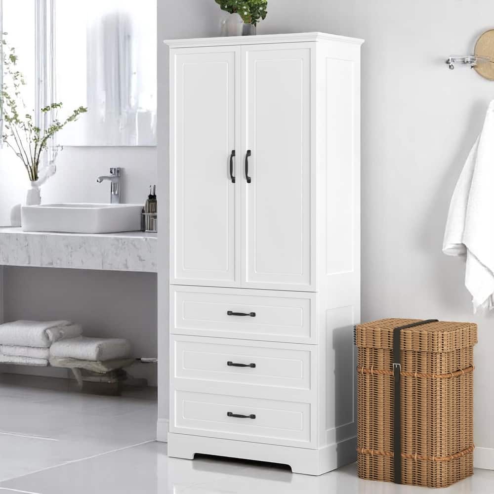Freestanding Bathroom Storage Cabinet with Adjustable Shelves, Drawers & Doors, White Painted MDF Cabinet