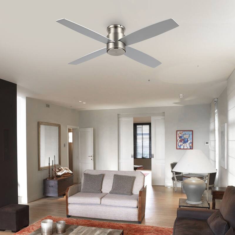 WINGBO 44" and 52" Flush Mount DC Ceiling Fan without Lights, 4 Reversible Blades - 52 inch - Nickel/Silver/White