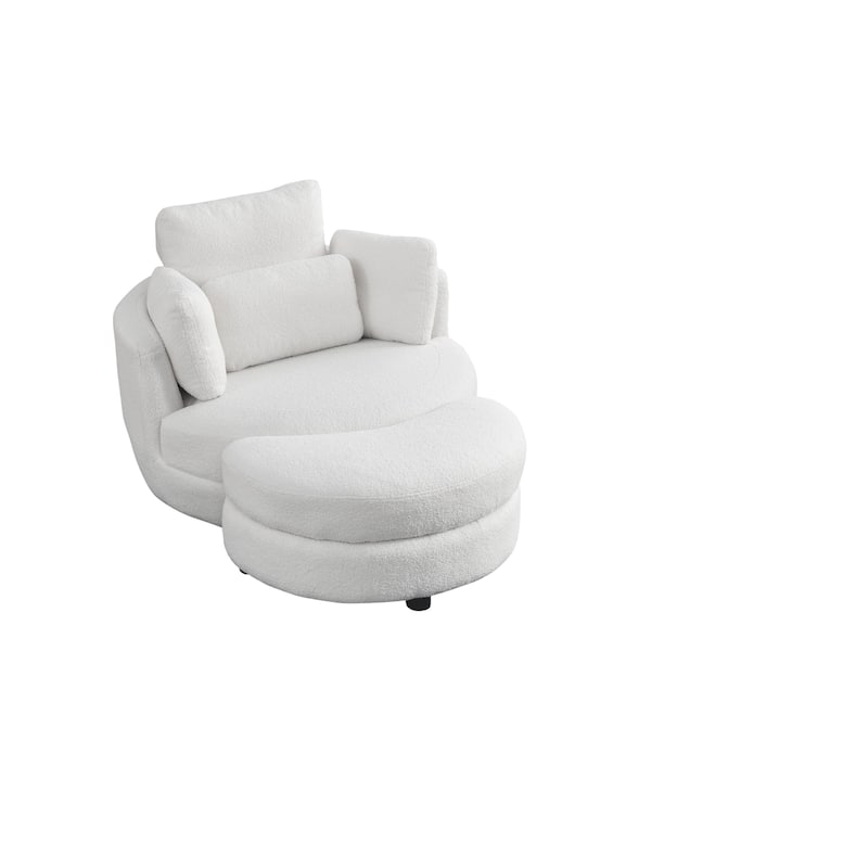 Wide Teddy Fabric Oversized Swivel Barrel Chair with Moon Storage Ottoman, 4 Pillows and 360° Rotation
