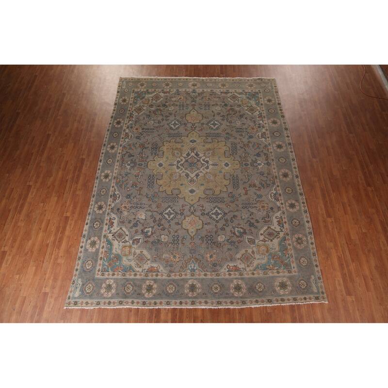 Geometric Gray Tabriz Persian Vintage Area Rug Handmade Wool Carpet - 9'11"x 13'4"