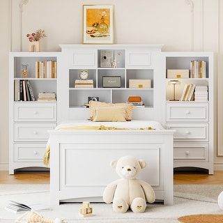 Twin Wood Platform Bed with Storage Cabinet and Drawers, White