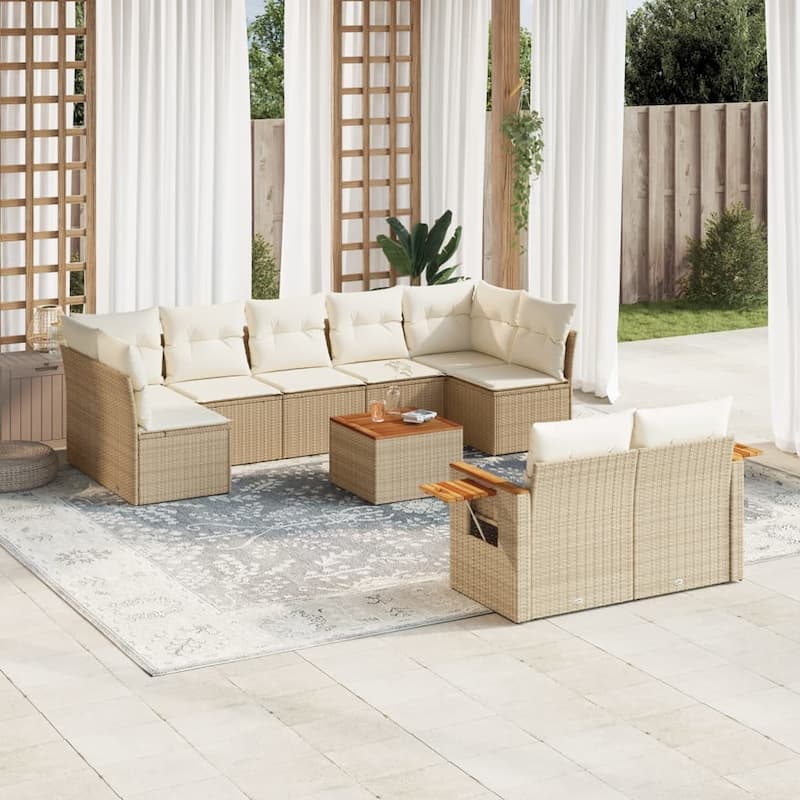 vidaXL Patio Sofa Set with Cushions Outdoor Conversation Furniture Poly Rattan - 24.4 x 33.5 x 27.2 in - Beige and cream with table