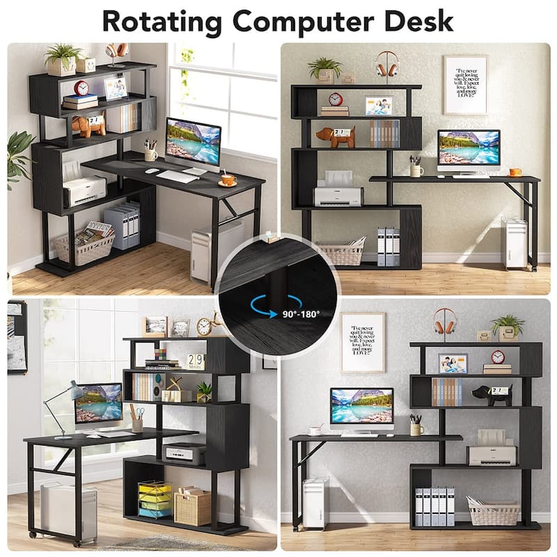 Reversible L-Shaped Computer Desk with 5 Shelves, Wheels