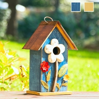 Glitzhome 10"H Multicolor Cute Distressed Solid Wood Birdhouse with 3D Flowers