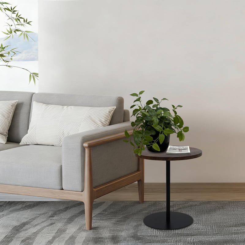 Set of 2 Small Round Side Table Wooden Concentric Circles Coffee Table for Two Metal Pedestal Nightstand for Corner Small Space