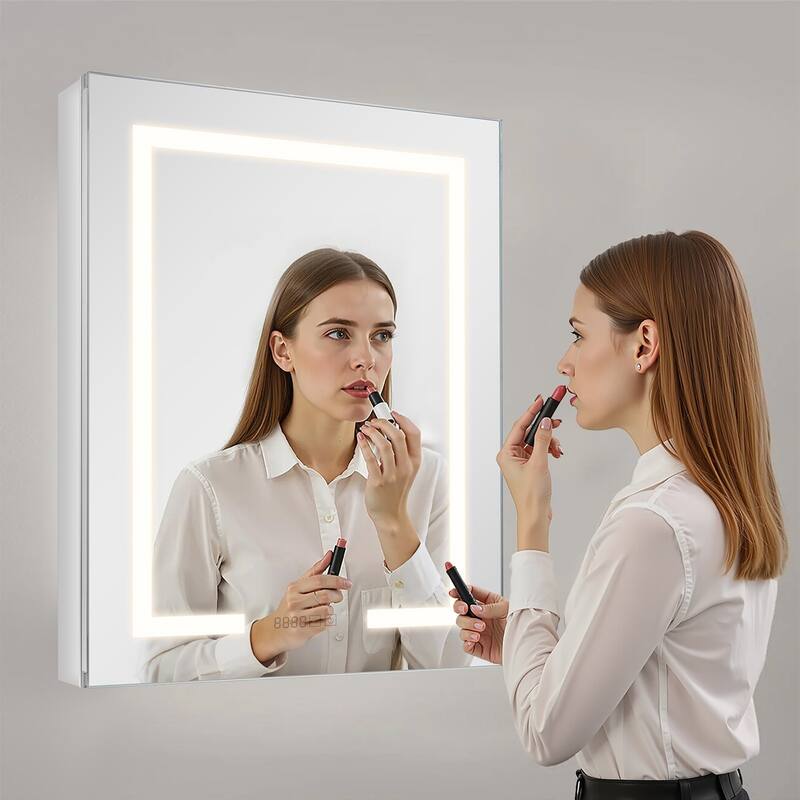 White LED Anti-Fog Bathroom Mirror Cabinet with Dimmable Lighting and Built-in Power Outlet - 24” x 4.9” x 29.9”