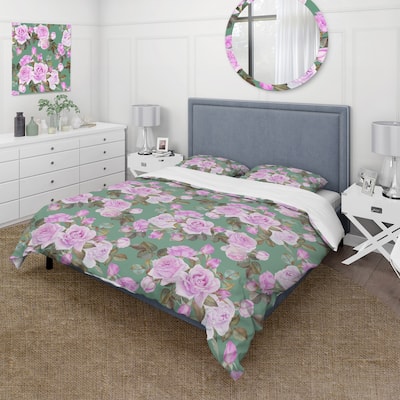 Designart 'Pink Roses With Brown Leaves Pattern' Traditional Duvet Cover Set