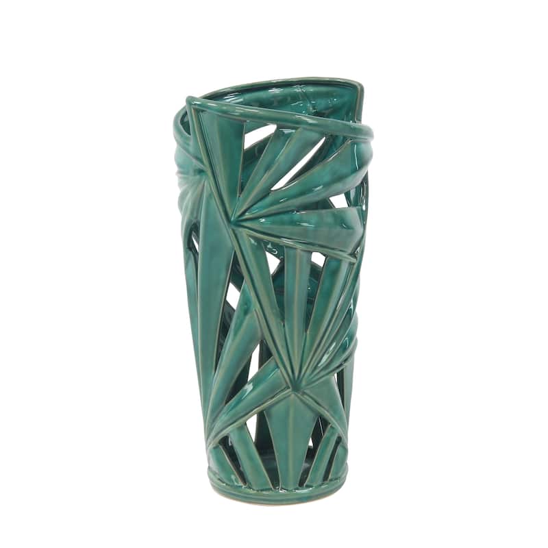 Ceramic Leaf Vase with Cut Out Deigns - Green - CosmoLiving by Cosmopolitan - 8"W x 7"L x 16"H