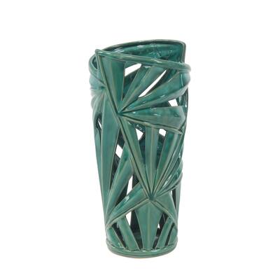 Ceramic Leaf Vase with Cut Out Deigns - Green - CosmoLiving by Cosmopolitan - 8"W x 7"L x 16"H