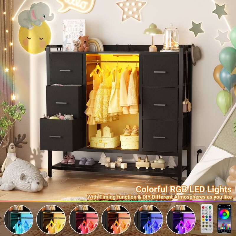 6 Drawers Kid's Dresser with LED Light, Closet Organizer with Hanging Rods and Shoe Rack