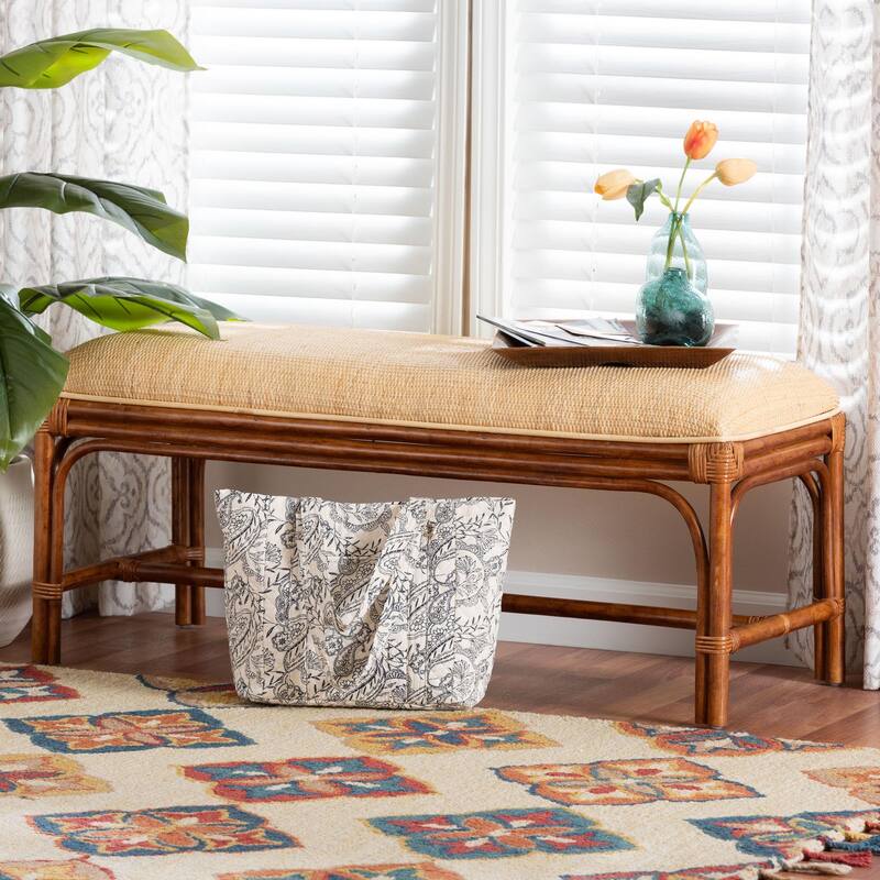 Belen Marbled Tortoise Natural Rattan Bench - Handwoven Wicker Seating, Coastal and Tropical Accent Furniture