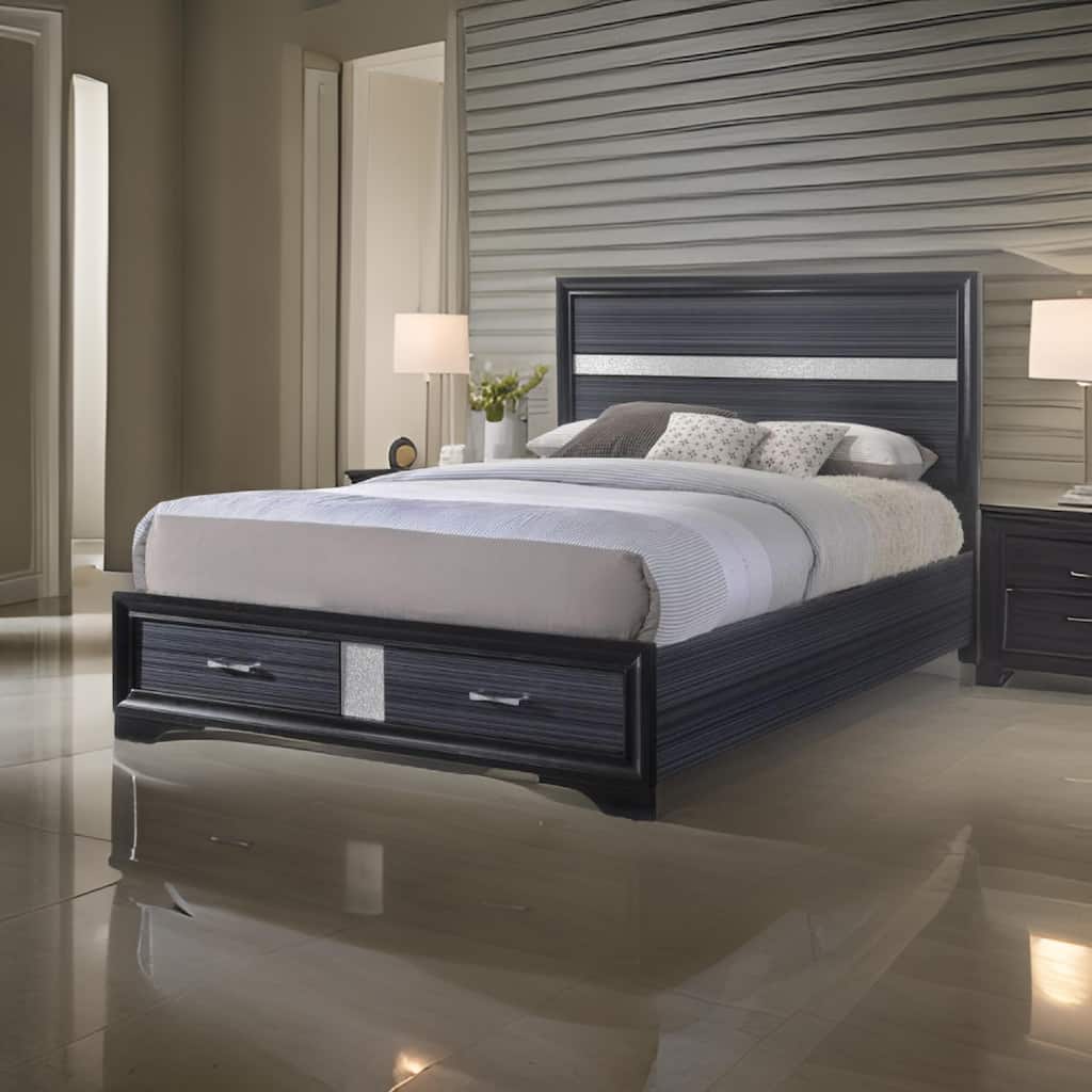 Nae Queen Size Bed, Rubberwood, Gray, Textured, Shimmery Acrylic Trim