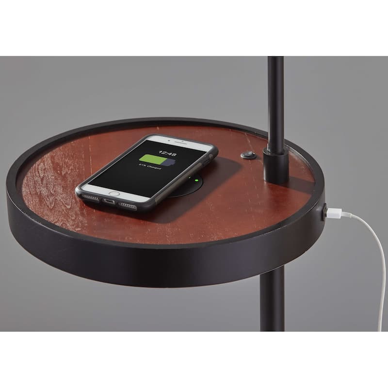 Matte Black Metal Floor Lamp With Wireless Charging Task Shelf