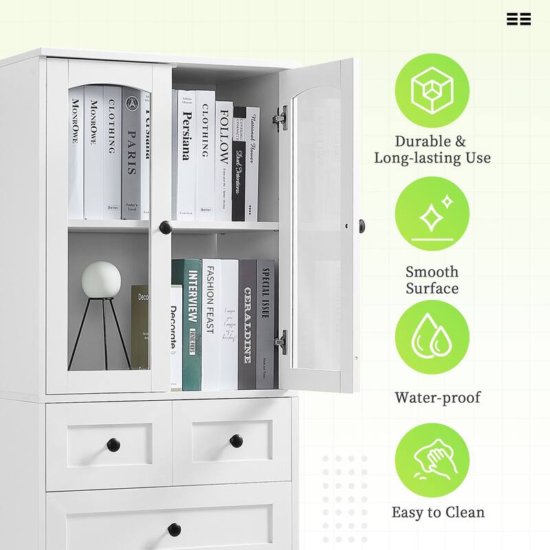 Adjustable Storage Cabinet with Above Glass Door Cabinet and Below Wooden Door Cabinet, Tall Bathroom Cabinet with 3 Drawers