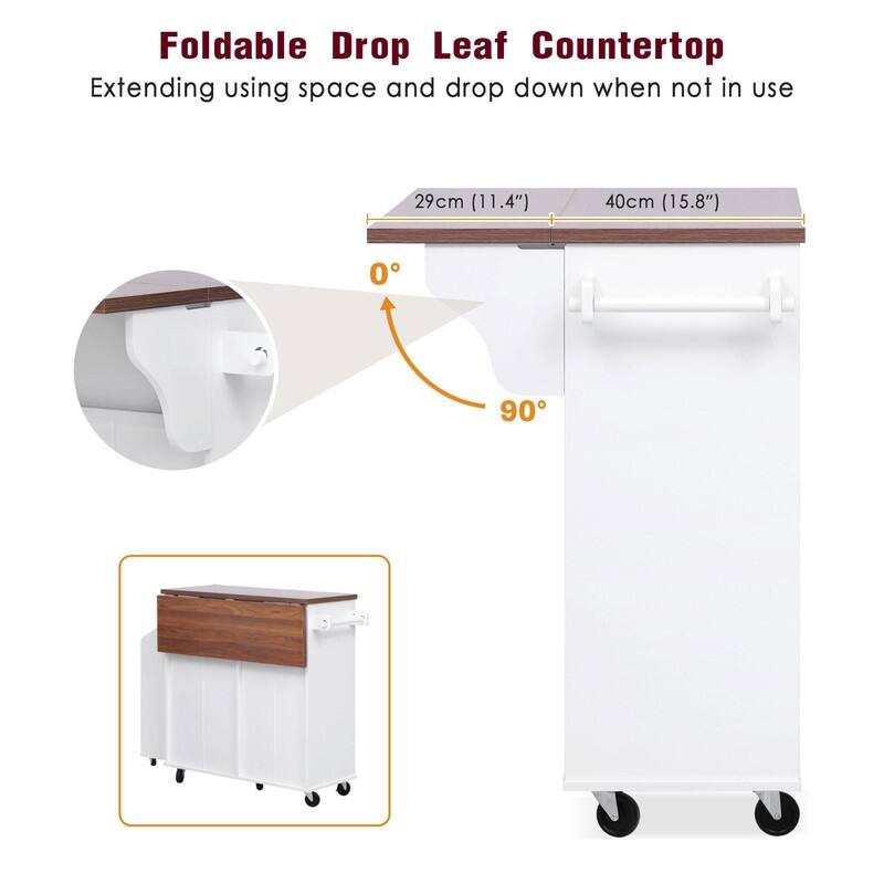 47.2" Rolling Kitchen Island on 5 Wheels with Drop Leaf, Kitchen Island with 2 Drawers, Trash Can Storage
