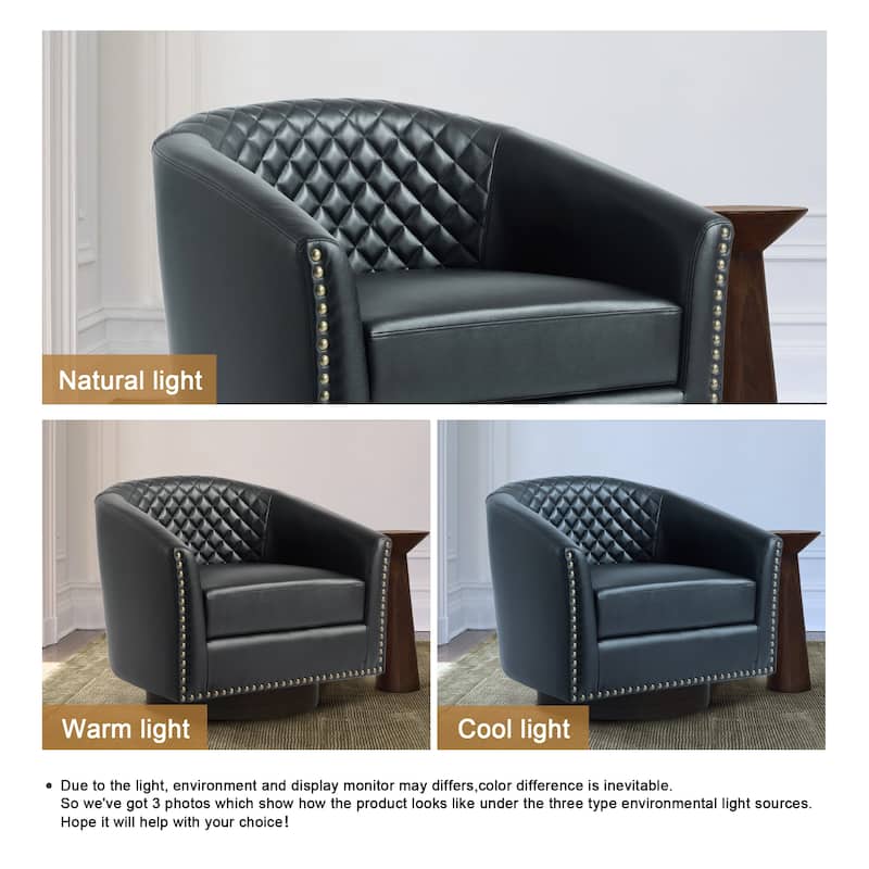 Tufted PU Vegan Leather Swivel Barrel Chair with Nailheads Trim